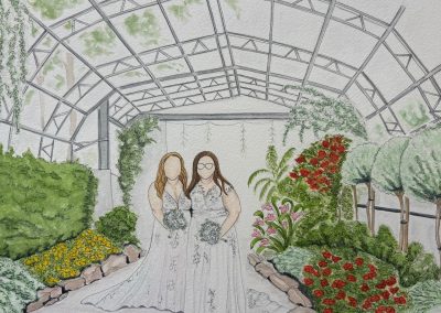 Winter Garden Duthie Park Aberdeen, wedding venue watercolour illustration with bridal couple by Art by Kirsti