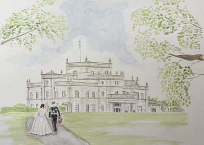 Kinmount House Wedding Venue and bridal couple watercolour illustration by Art by Kirsti