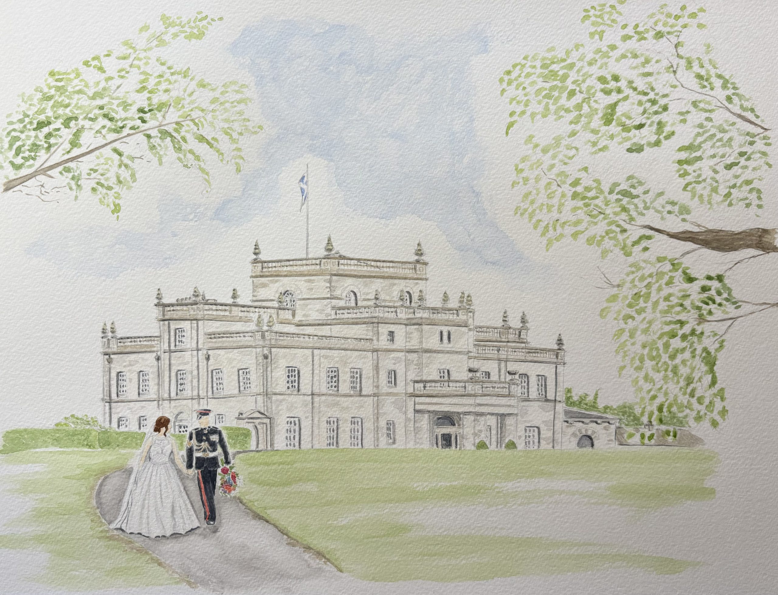 Wedding venue and couple in watercolour