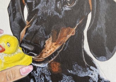 Pet Portrait with rubber duck acrylic painting dachshund by Art by Kirsti