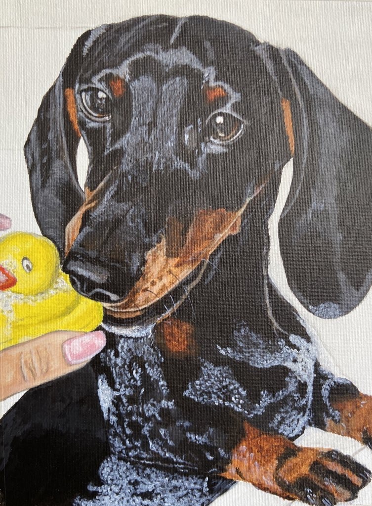 Rubber duck and dog pet portrait in acrylic 