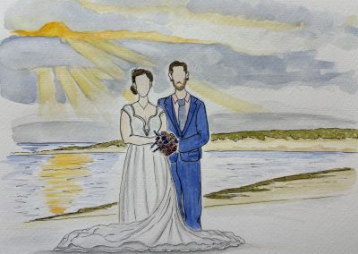 Bride and groom wedding venue watercolour and pen illustration by Art by Kirsti