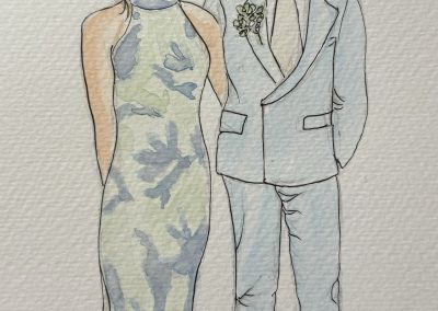 Wedding guest couple blue watercolour and pen illustration by Art by Kirsti