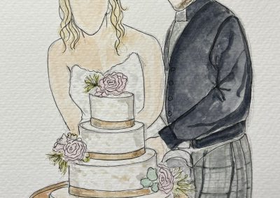 Bride and groom cutting wedding cake wedding figure watercolour and pen illustration by Art by Kirsti