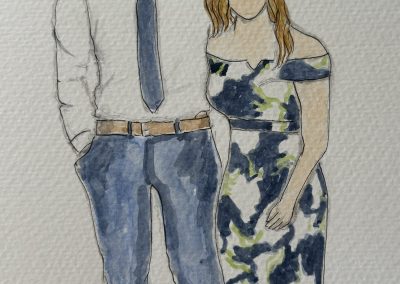 Wedding guest couple blue and white figure watercolour and pen illustration by Art by Kirsti