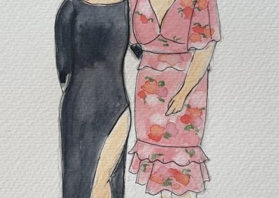 Wedding guests pink floral & black figure watercolour and pen illustration by Art by Kirsti