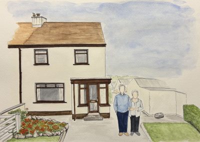 Watercolour and pen house illustration with grandparents by Art by Kirsti