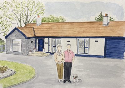 Watercolour and pen house illustration with couple illustration by ArtbyKirsti