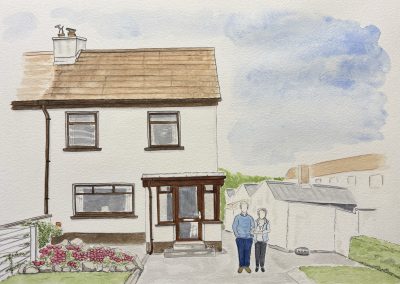 Watercolour and pen house illustration with grandparents by Art by Kirsti