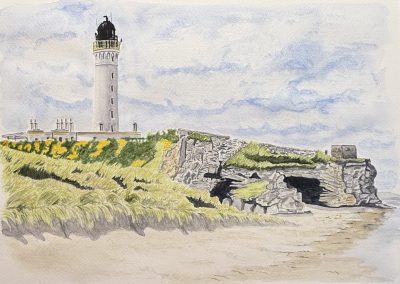 Bespoke art commission, watercolour landscape illustration, Covesea Lighthouse painting by Art by Kirsti