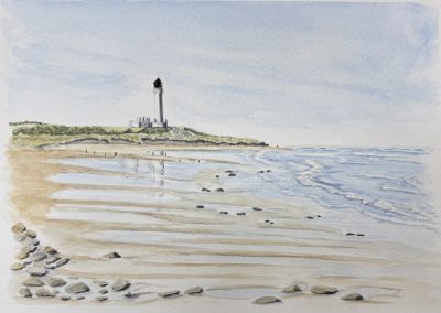 Bespoke art commission, landscape watercolour illustration, West Beach Lossiemouth and Covesea Lighthouse painting for postcard image by Art by Kirsti