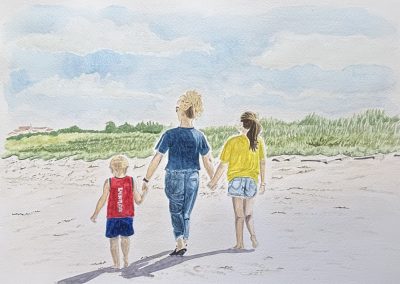 Bespoke art commission, watercolour illustration, landscape figures on a beach painting by Art by Kirsti