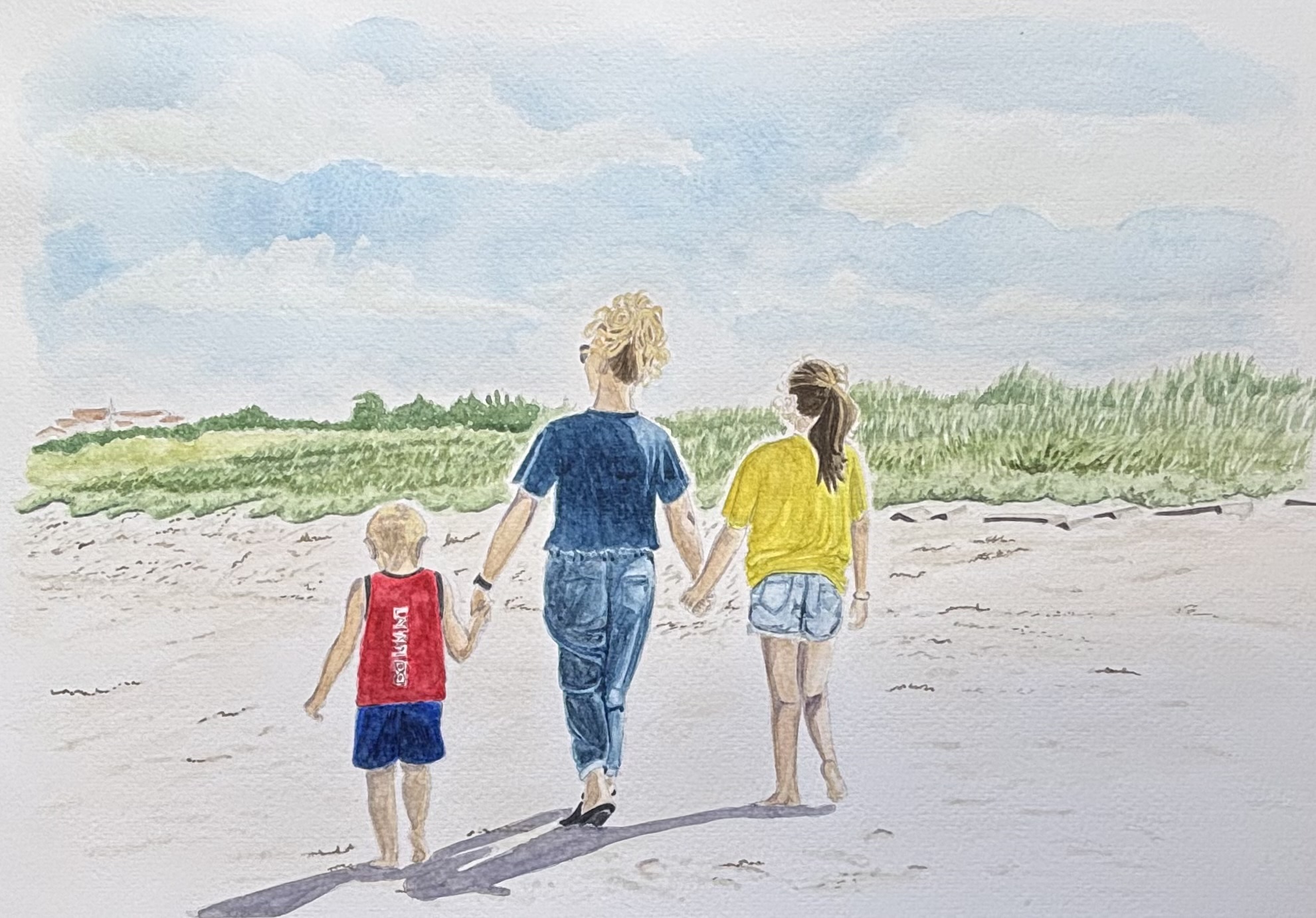 Bespoke art commission, watercolour illustration, landscape figures on a beach painting by Art by Kirsti