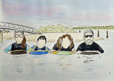 Body Boarding family, figure illustration with bridge and beach landscape background, watercolour and pen illustration by Art by Kirsti