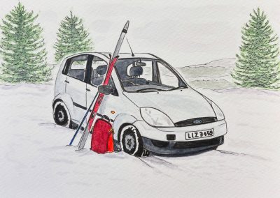 Ford Fiesta watercolour and pen illustration by Art by Kirsti
