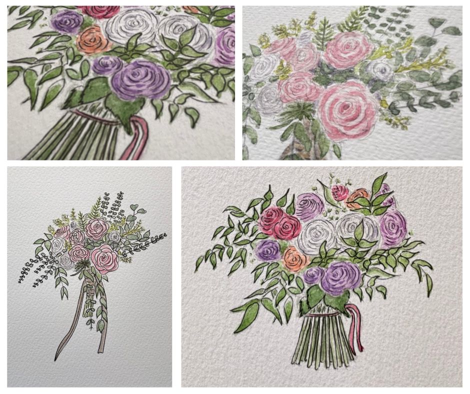 Beautiful Bouquet Illustrations, brides bouquet, bridesmaid posie, watercolour and pen illustrations by Art by Kirsti