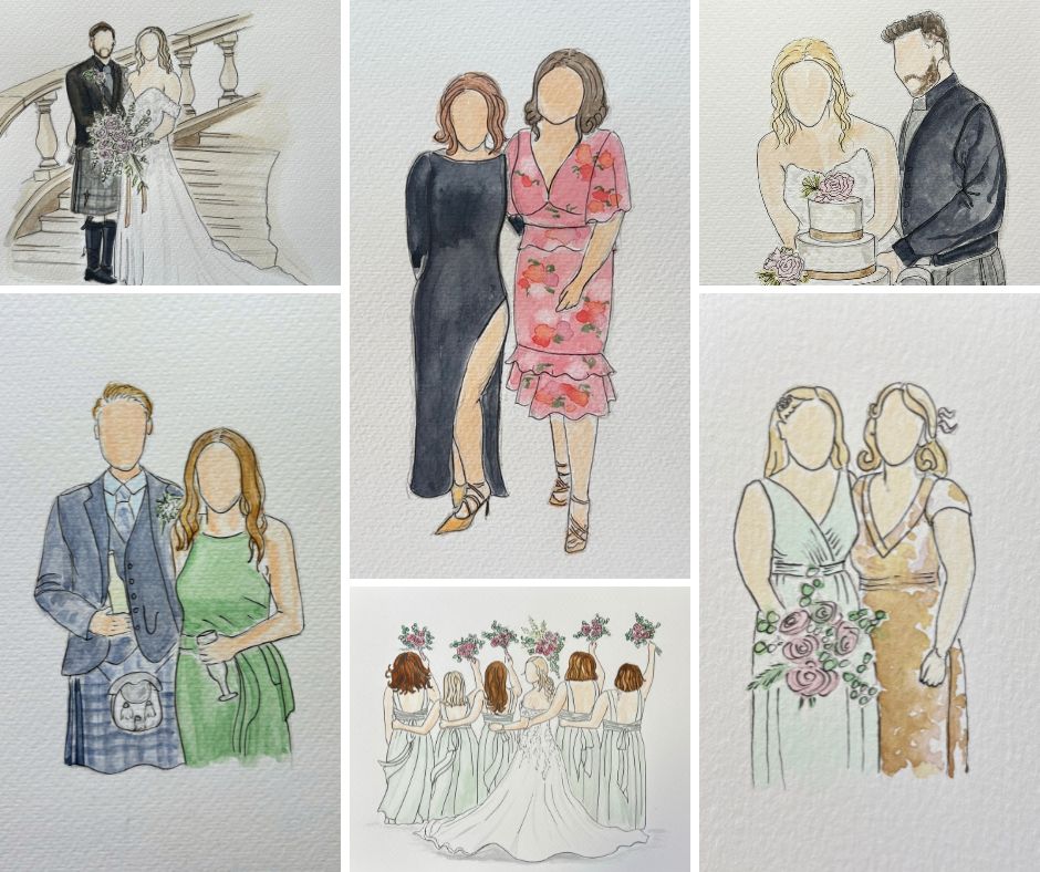 Live Guest Illustrations, Wedding Illustrations, watercolour and pen by Art by Kirsti