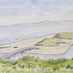 A5 size original landscape watercolour & pen illustration of the East Beach incorporating the new and old bridges from the iconic viewpoint on Prospect Terrace Lossiemouth.