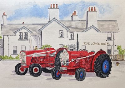 Watercolour Wedding venue, Fife Lodge Hotel Banff illustration with vintage tractors by Art by Kirsti