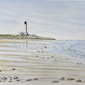 A5 size original landscape watercolour & pen illustration of the West Beach, Lossiemouth and the iconic Covesea Lighthouse with complimentary mount suitable for 8"x10" frame