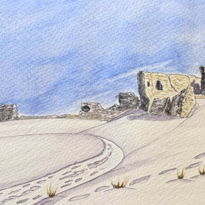 A5 size original landscape watercolour & pen illustration of the Duffus Castle under a blanket of snow with complimentary mount suitable for 8"x10" frame