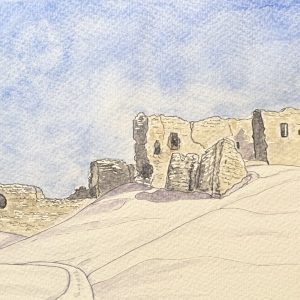 Duffus Castle under a blanket of snow watercolour and pen illustration by Art by Kirsti