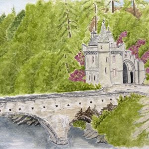 A4 size original landscape watercolour & pen illustration of Ballindalloch Fairy Bridge and Gatehouse by Art by Kirsti