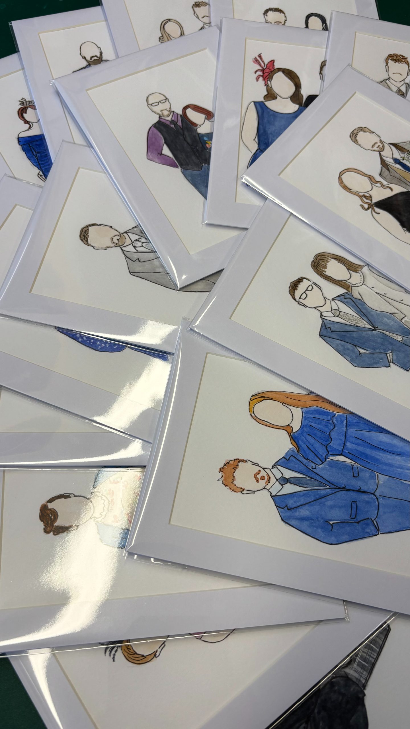 Live Guest Illustrations, Wedding Illustrations, mounted and presented in protective sleeves watercolour and pen by Art by Kirsti