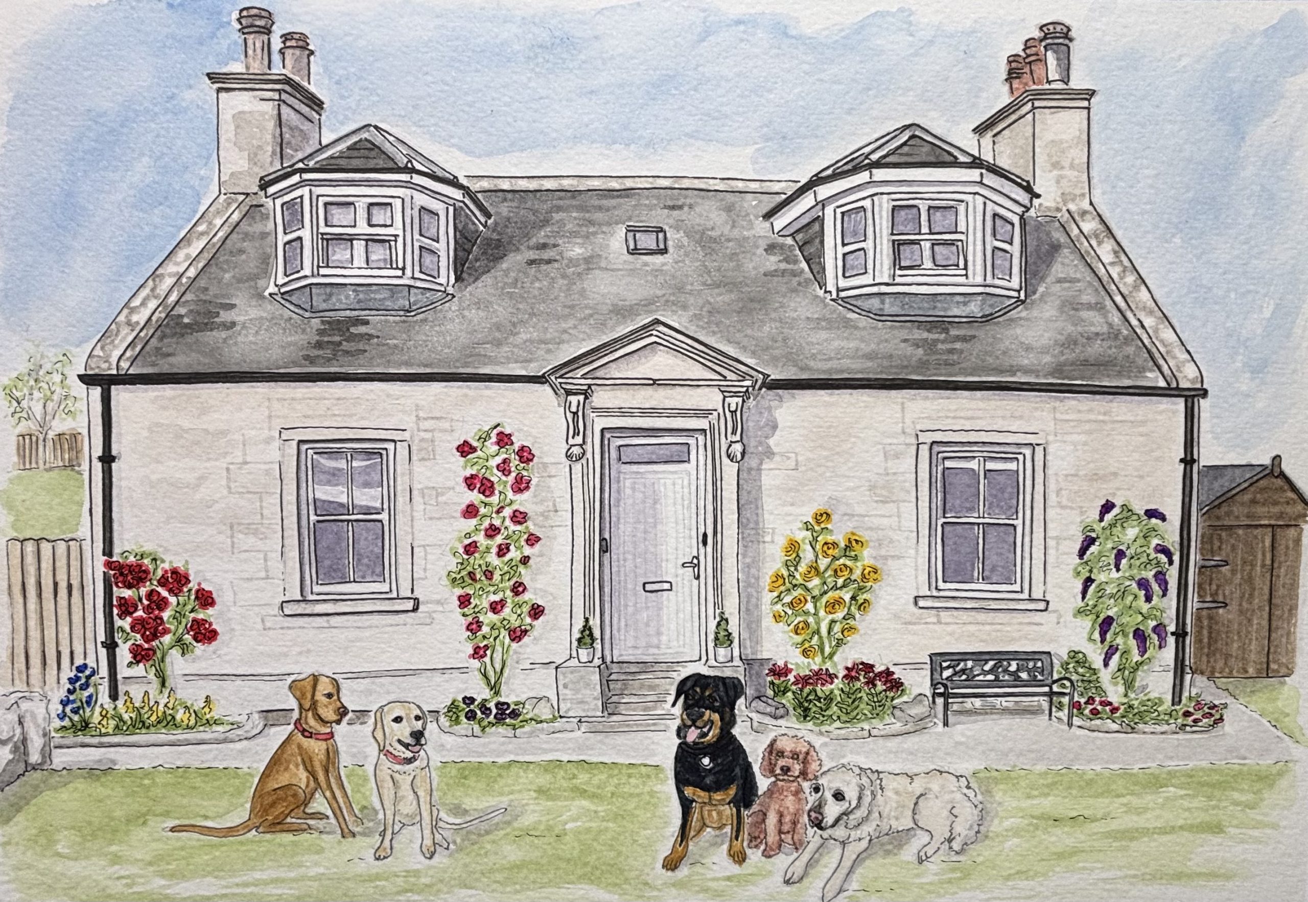 House illustration, cottage illustration with flowers and dogs, watercolour and pen by Art by Kirsti