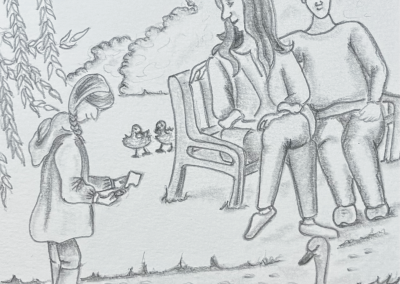 Tilly a toddler feeding Calvin while parents look on pencil drawing book illustration, Willow Tree Lake written by Rose English Illustrated by Art by Kirsti Kirsti Vass