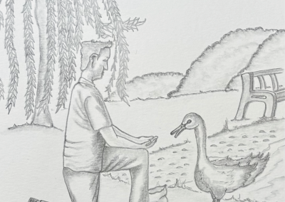 Scott the tall kind man feeds Calvin the swan pencil drawing book illustration, Willow Tree Lake written by Rose English Illustrated by Art by Kirsti Kirsti Vass