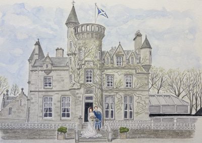 Carlowrie Castle, watercolour wedding venue illustration with bride and groom by Art by Kirsti