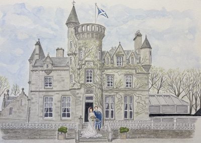 Carlowrie Castle, watercolour wedding venue illustration with bride and groom by Art by Kirsti
