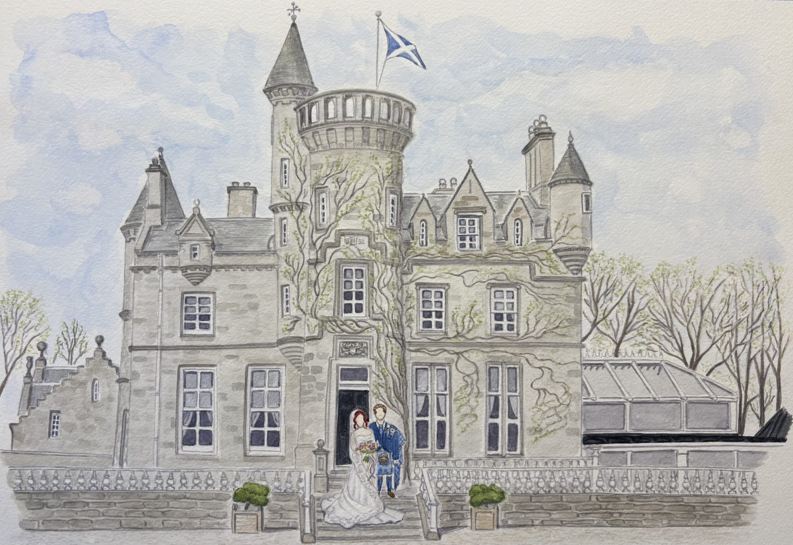 Carlowrie Castle, watercolour wedding venue illustration with bride and groom by Art by Kirsti