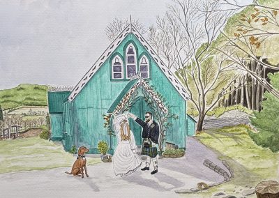 Wedding Venue Illustration with couple and dog, watercolour illustration The Tabernacle, Aberfeldy, illustrated by Art by Kirsti