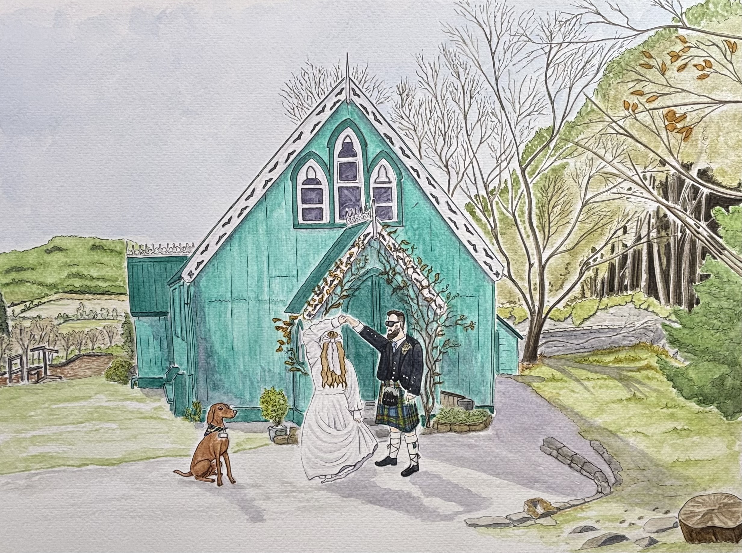 Wedding Venue Illustration with couple and dog, watercolour illustration The Tabernacle, Aberfeldy, illustrated by Art by Kirsti